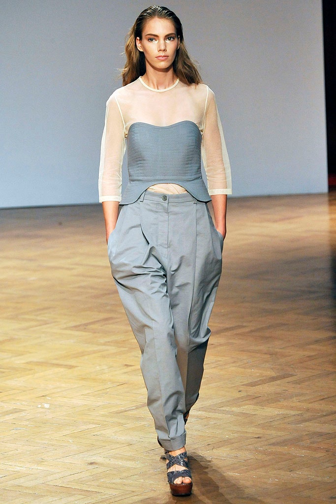 gray sheer top and relaxed pants