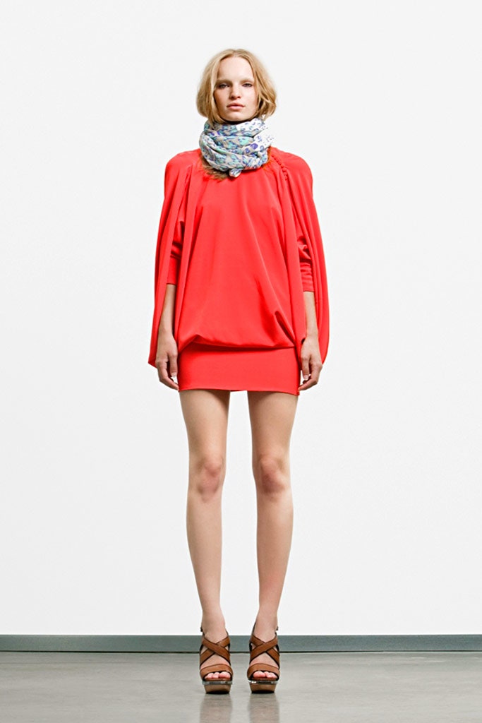 red cotton sleeveless high-neck relaxed draped mini dress