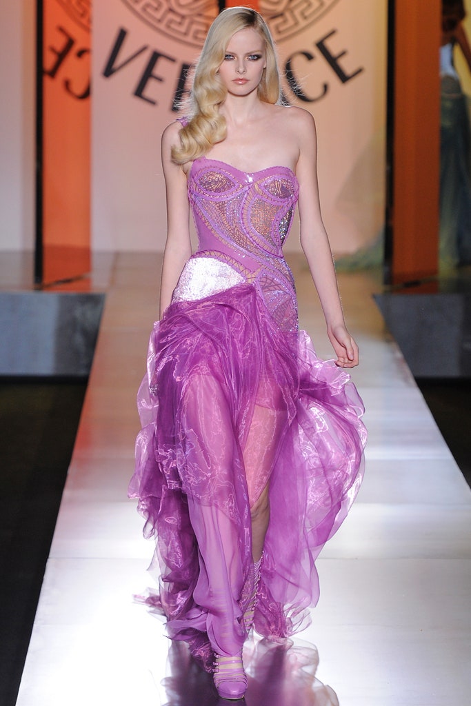 purple silk strapless gown