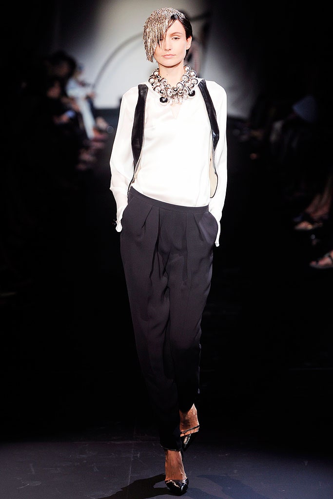 white silk blouse and black pants