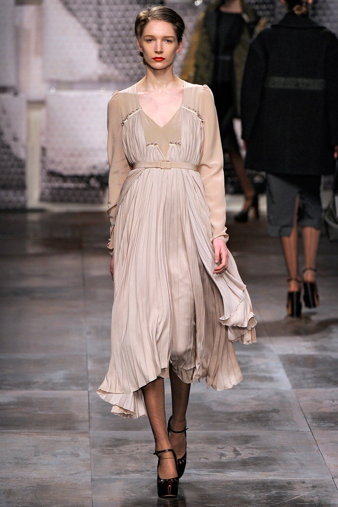 beige silk long-sleeve dress