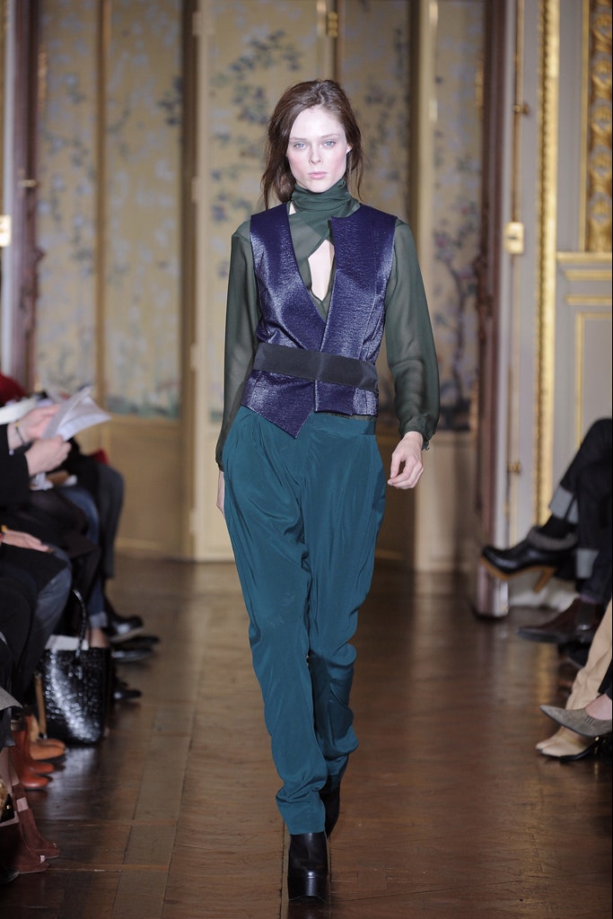 green silk blouse with blue vest