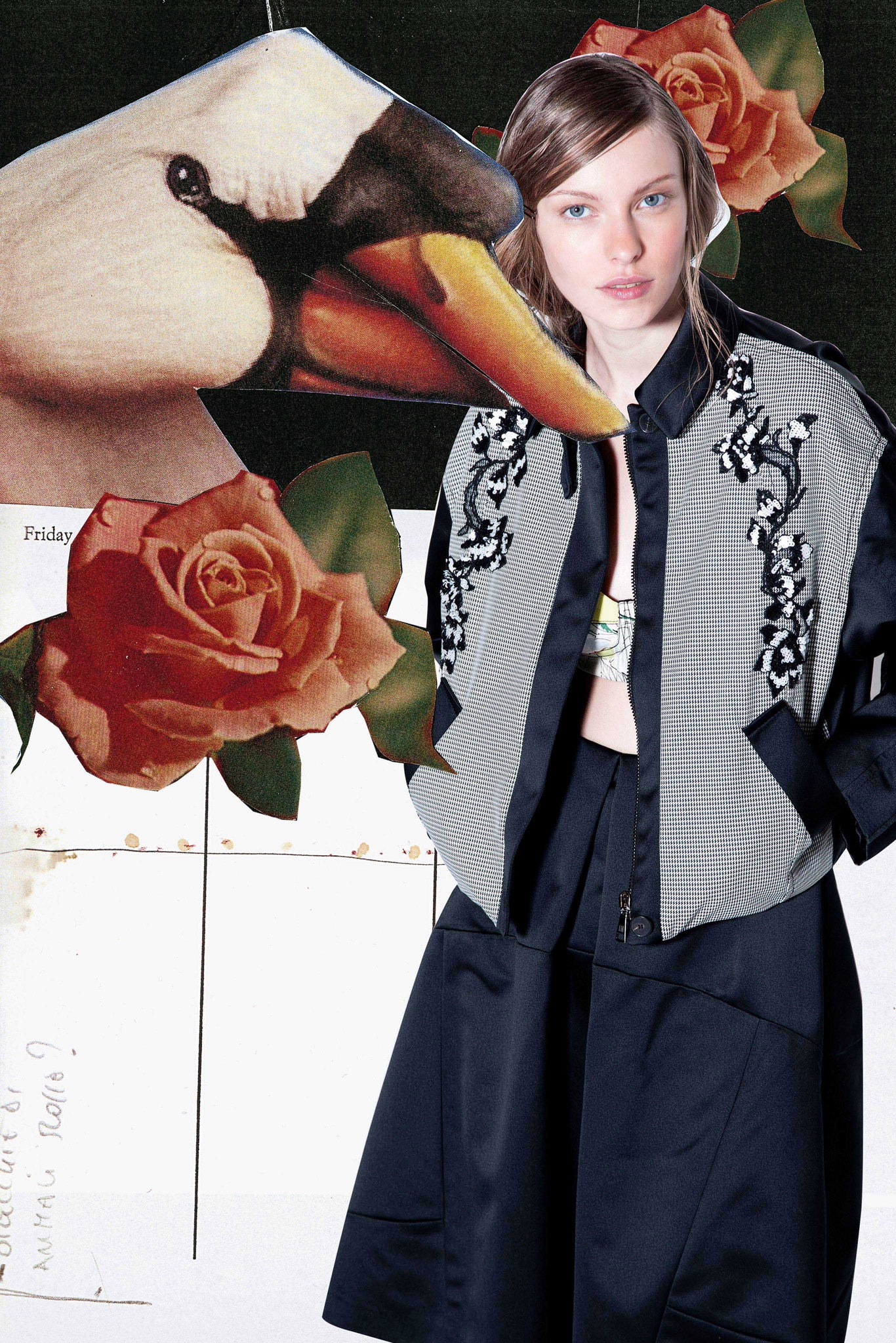 relaxed black and white jacket with pleated skirt