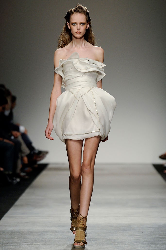 white silk strapless ruffled dress