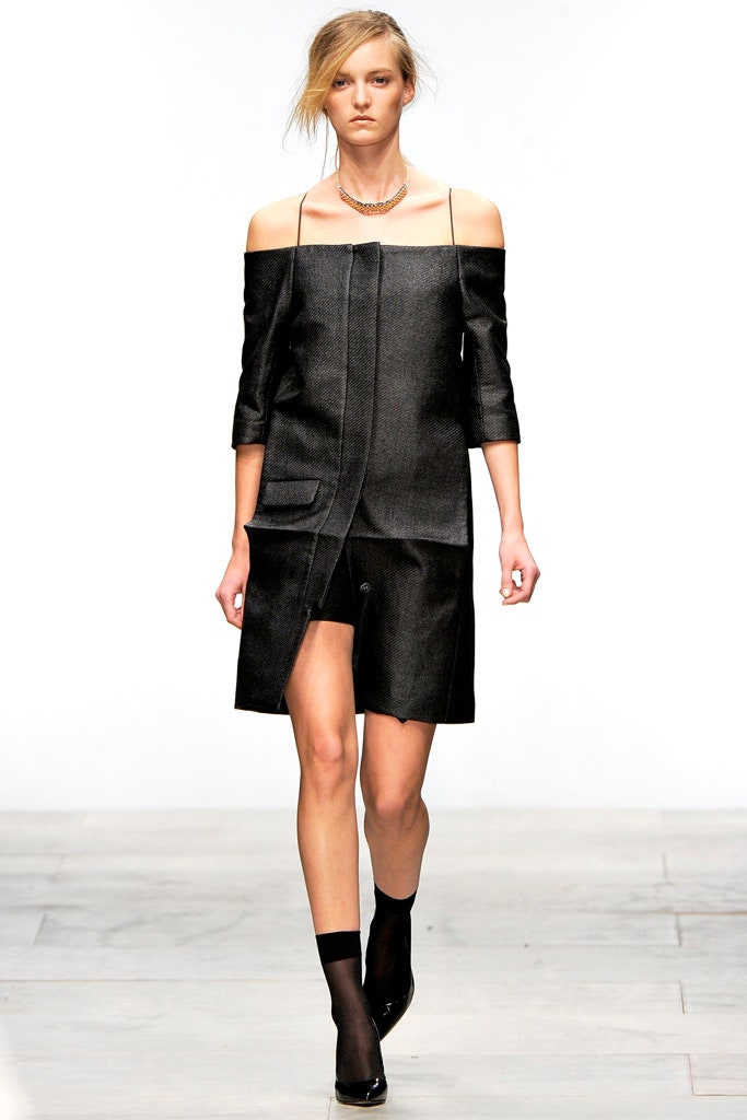 black off-shoulder asymmetric dress