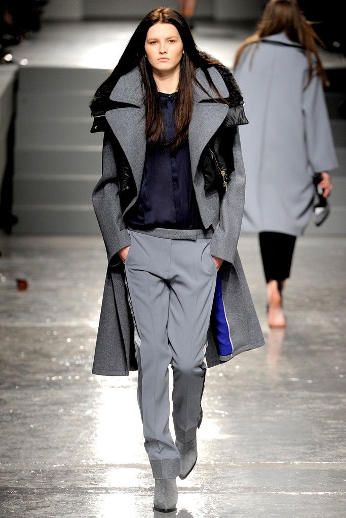 gray wool coat with navy blouse