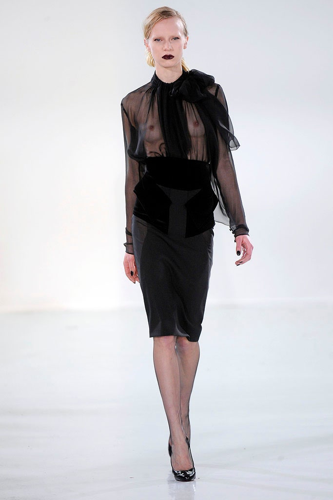 black sheer blouse and pencil skirt