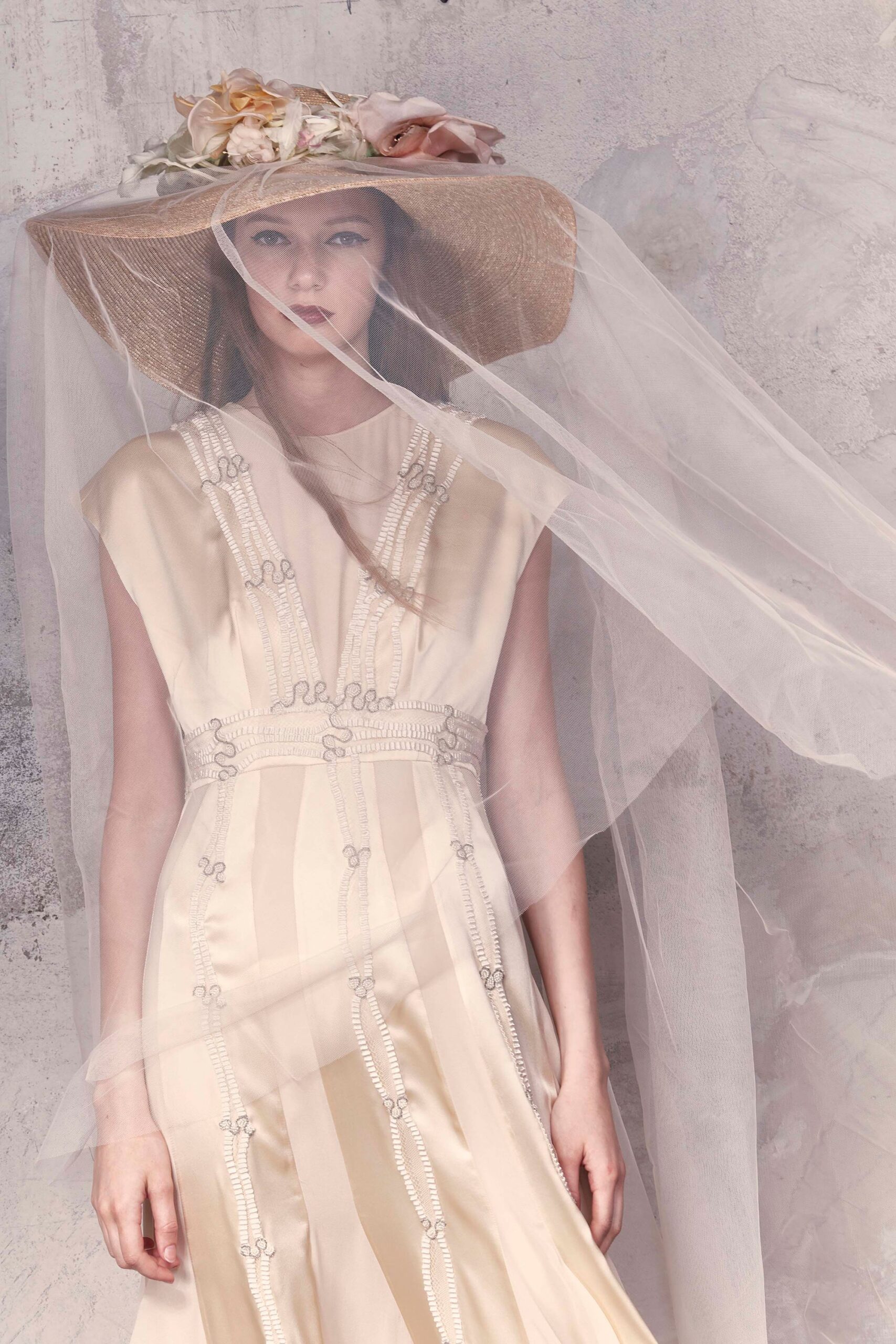 beige silk pleated dress with hat