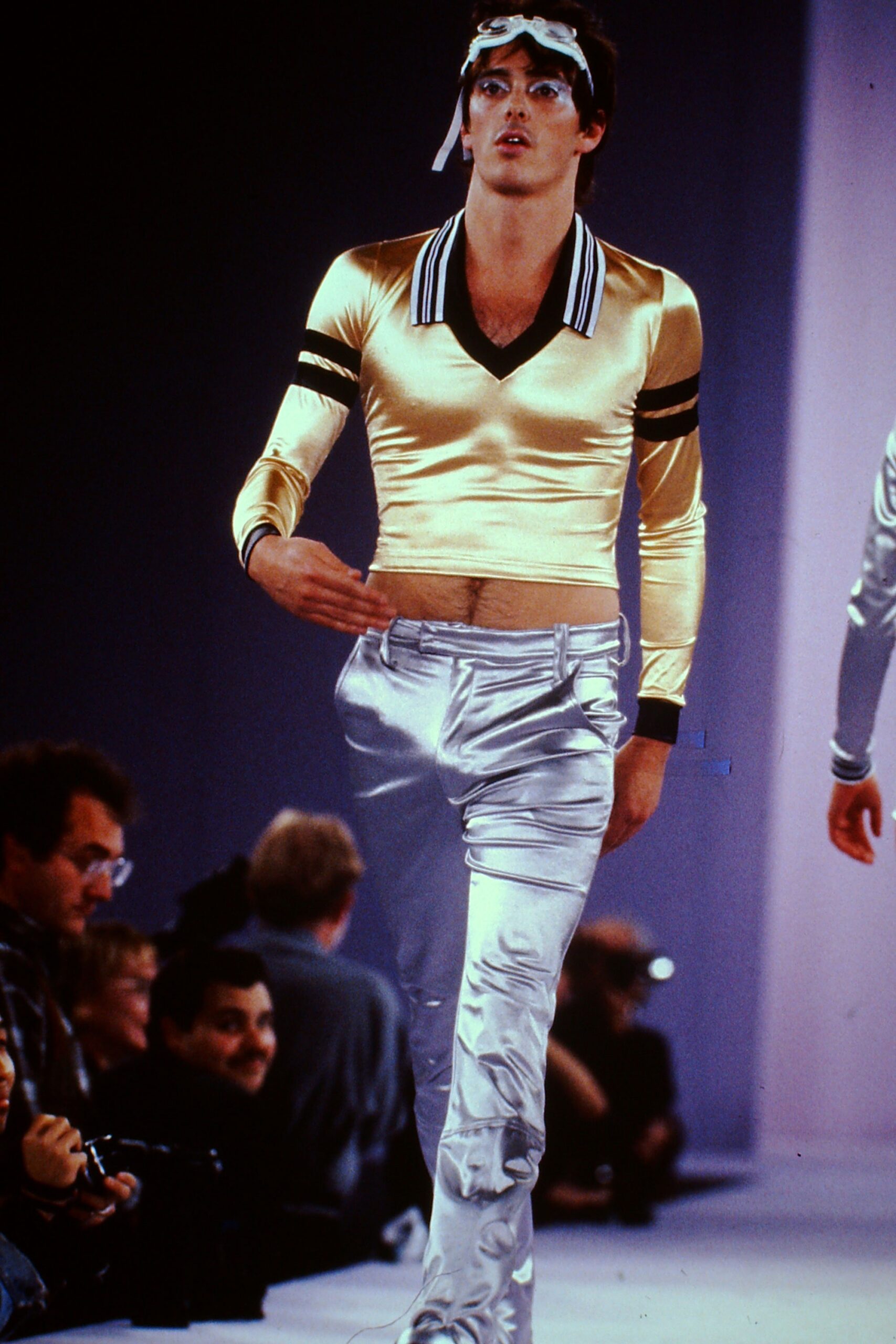 gold silk fitted top with silver pants