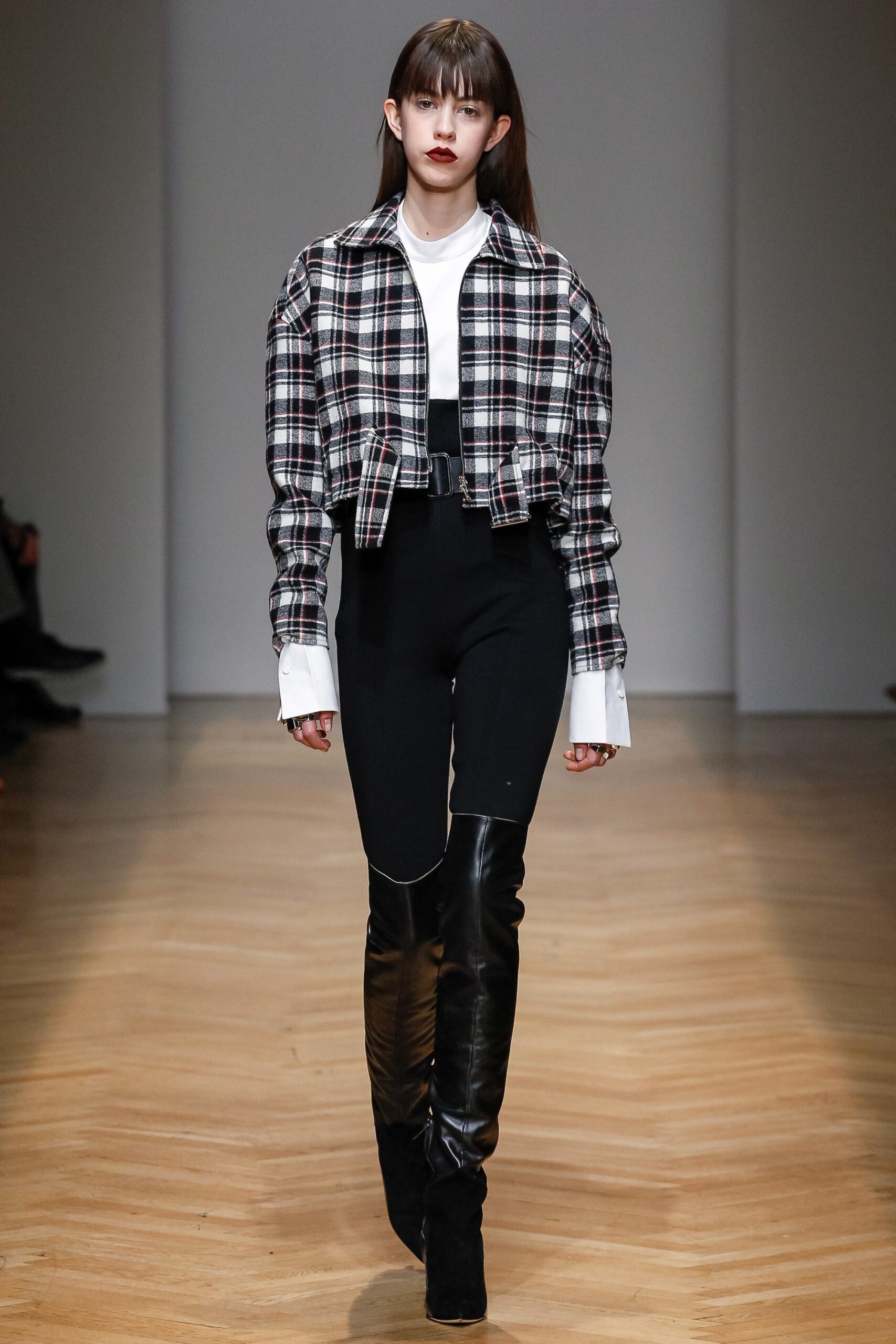checked jacket with leather pants