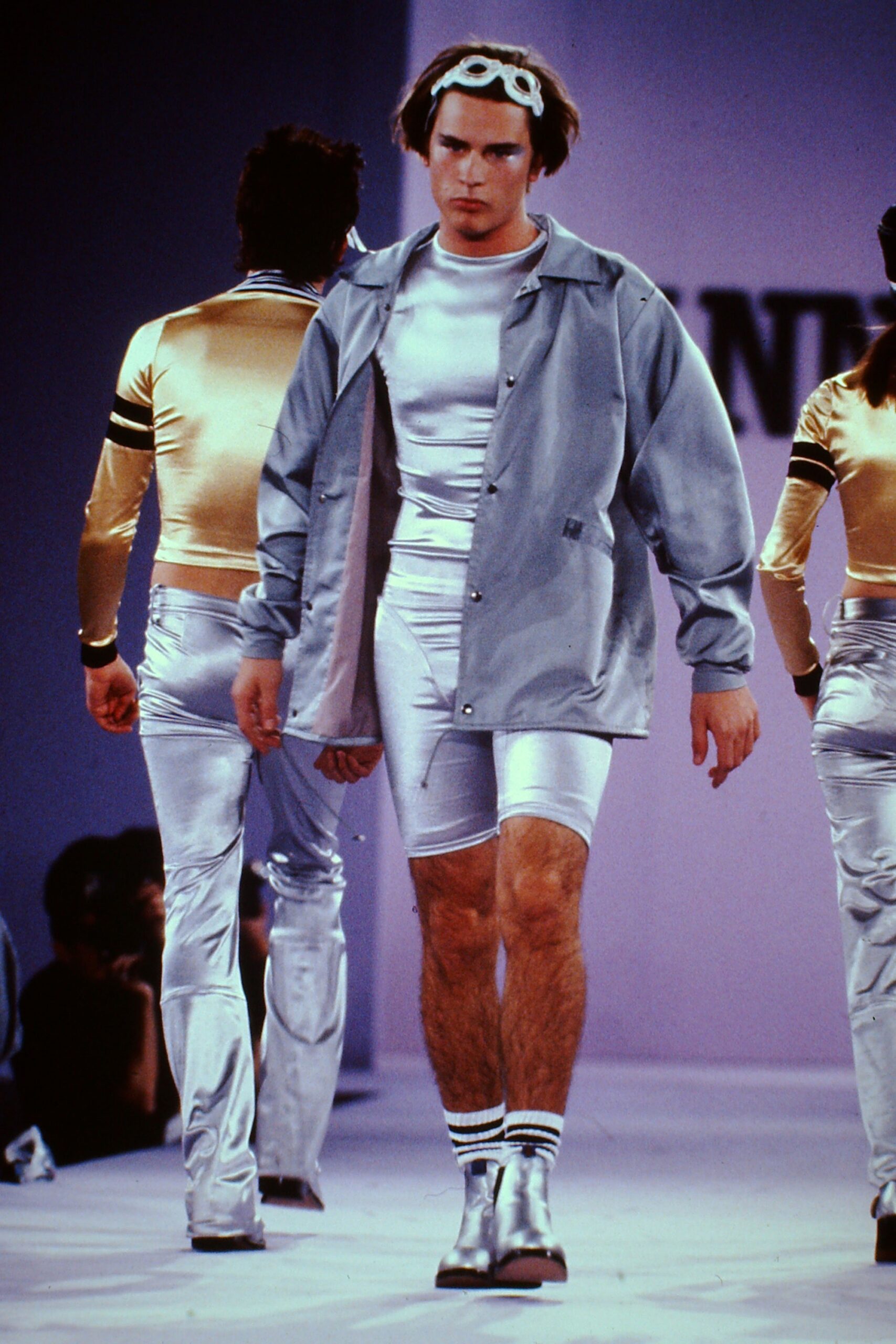 gray jacket with metallic shorts