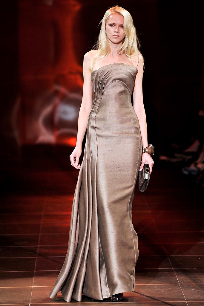 brown silk strapless gown