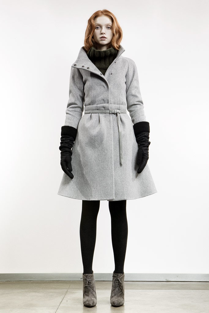 gray wool long-sleeve collared fitted belted a-line coat