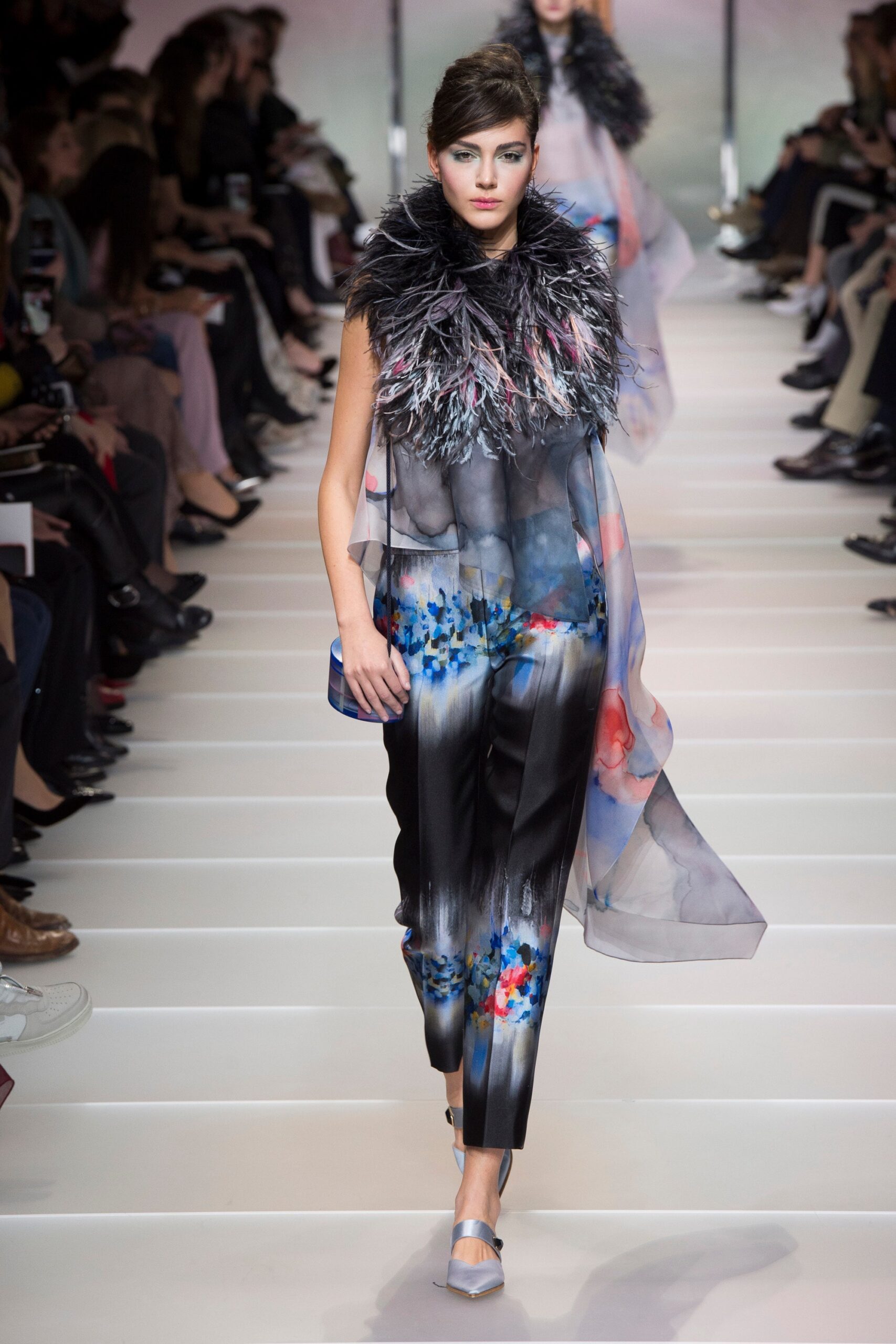 flowing gray silk top with flared pants