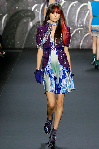 blue and white mini dress with purple jacket