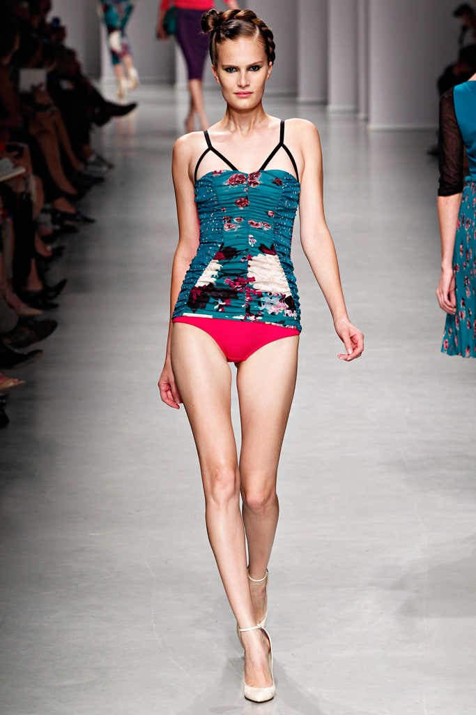 teal silk sleeveless low-cut fitted floral ruched bikini