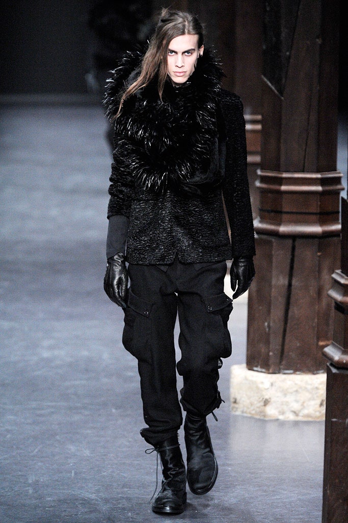 black faux-fur jacket with cargo pants