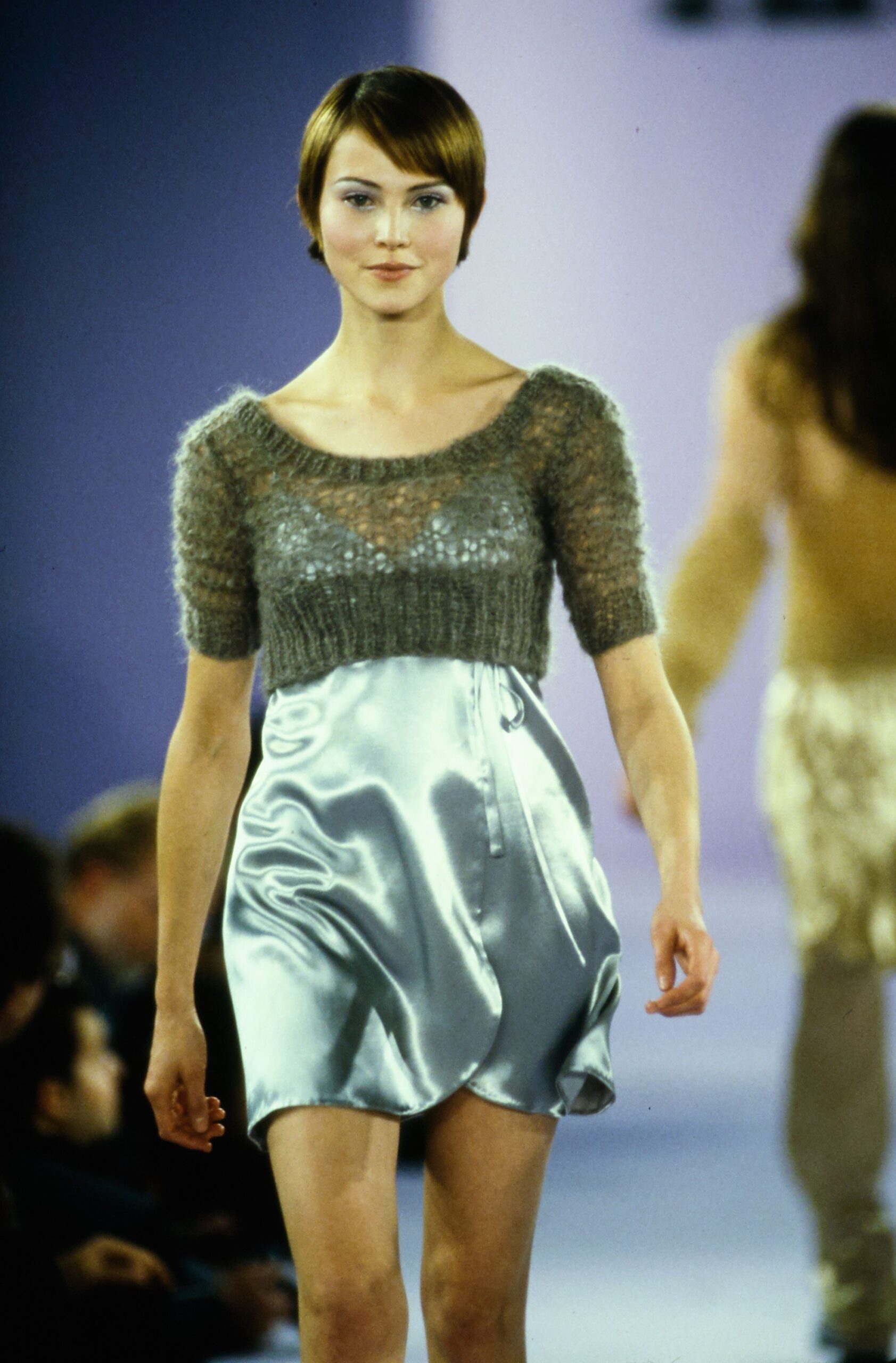 gray sequined top and silver mini-dress