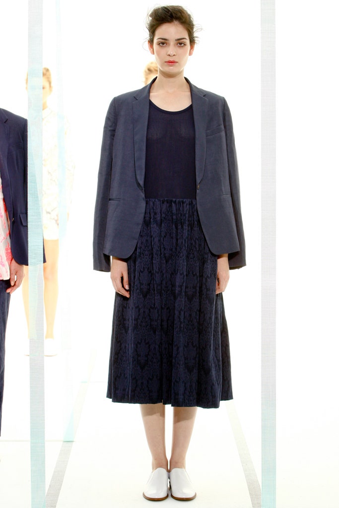 navy blazer black top midi skirt