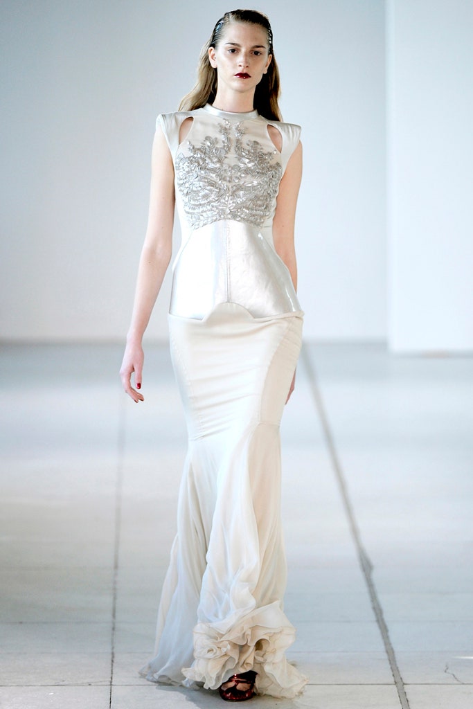 white silk fitted gown