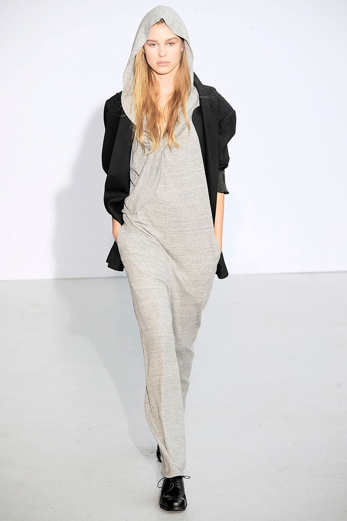 gray relaxed jumpsuit with black coat