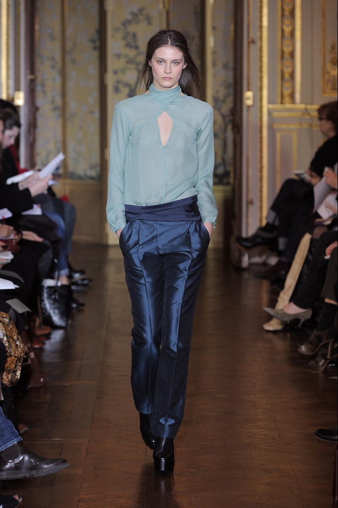 blue silk fitted blouse and tailored pants
