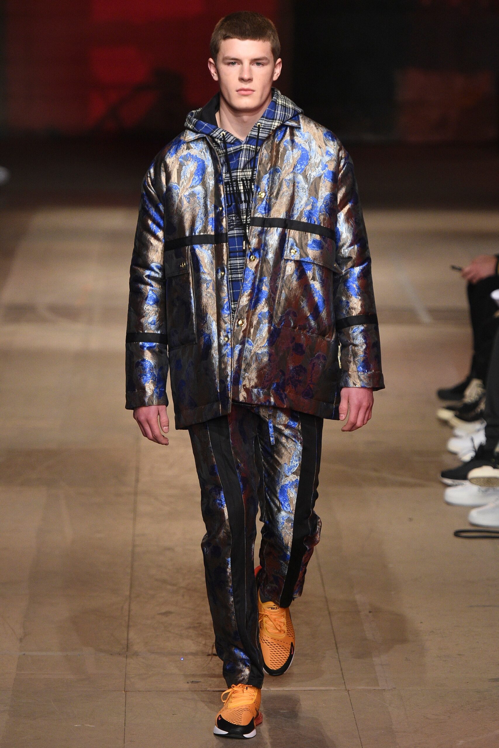 blue silk long-sleeve collared relaxed zippered printed jacket