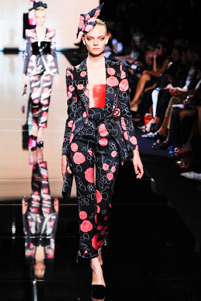 fitted black silk suit