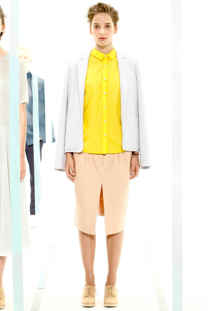light gray blazer yellow shirt beige skirt