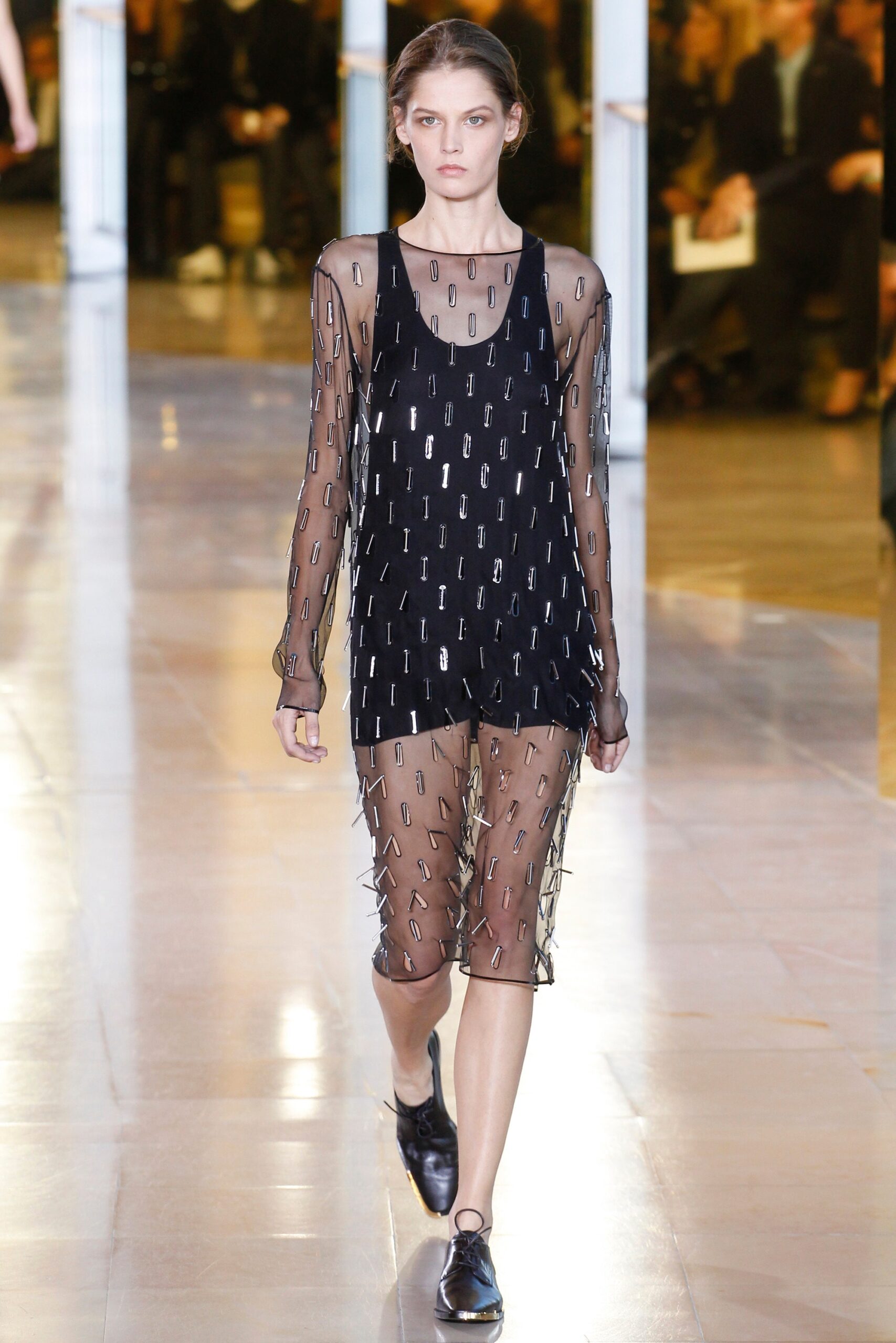 black mesh embellished mini dress