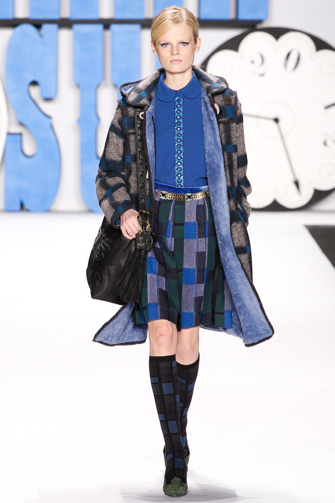 blue checked coat and skirt outfit