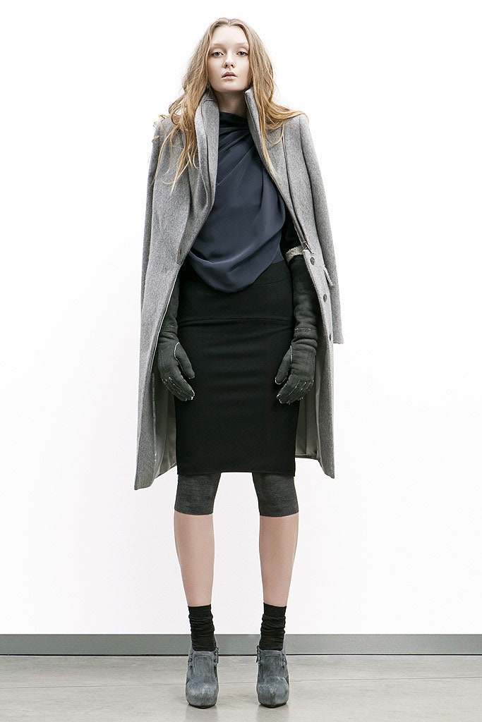 gray wool coat with black top