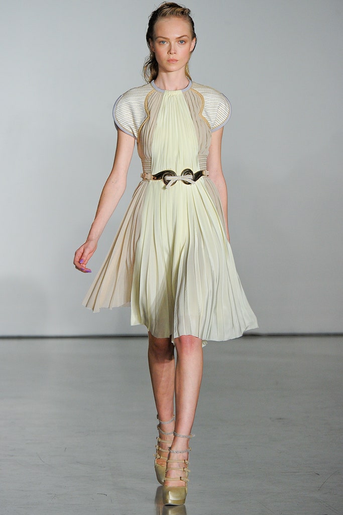 beige silk short-sleeve high-neck fitted pleated belted dress