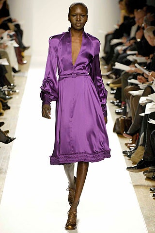 fitted purple silk midi dress