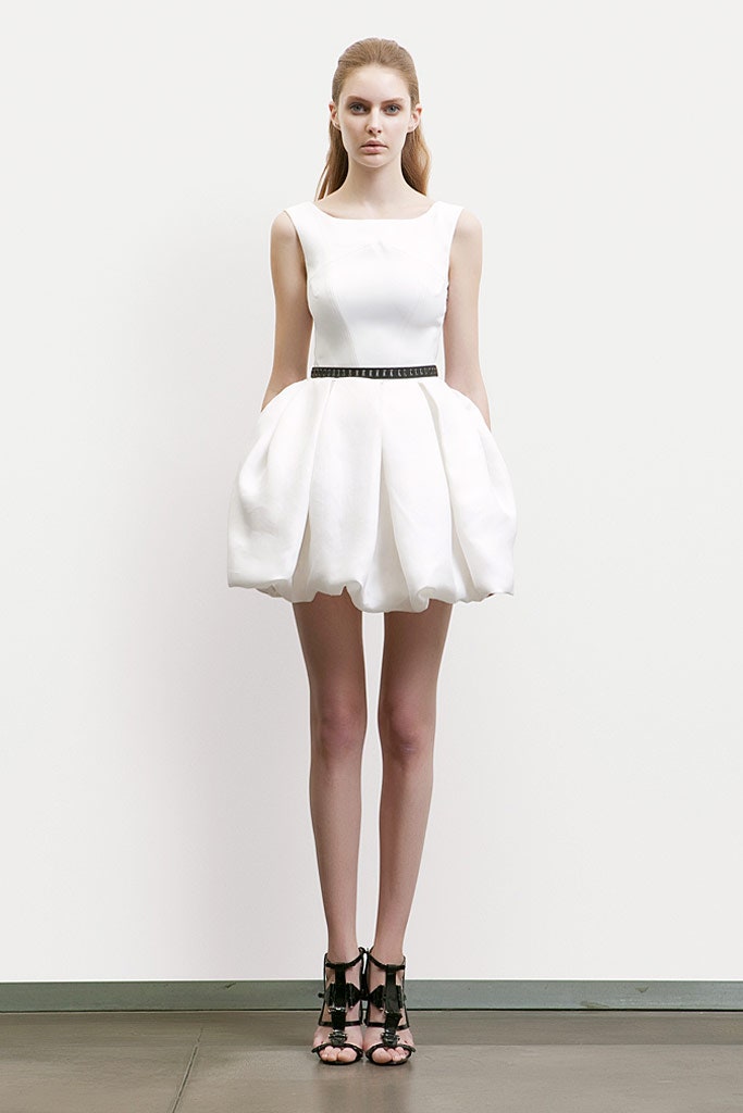 white pleated sleeveless dress