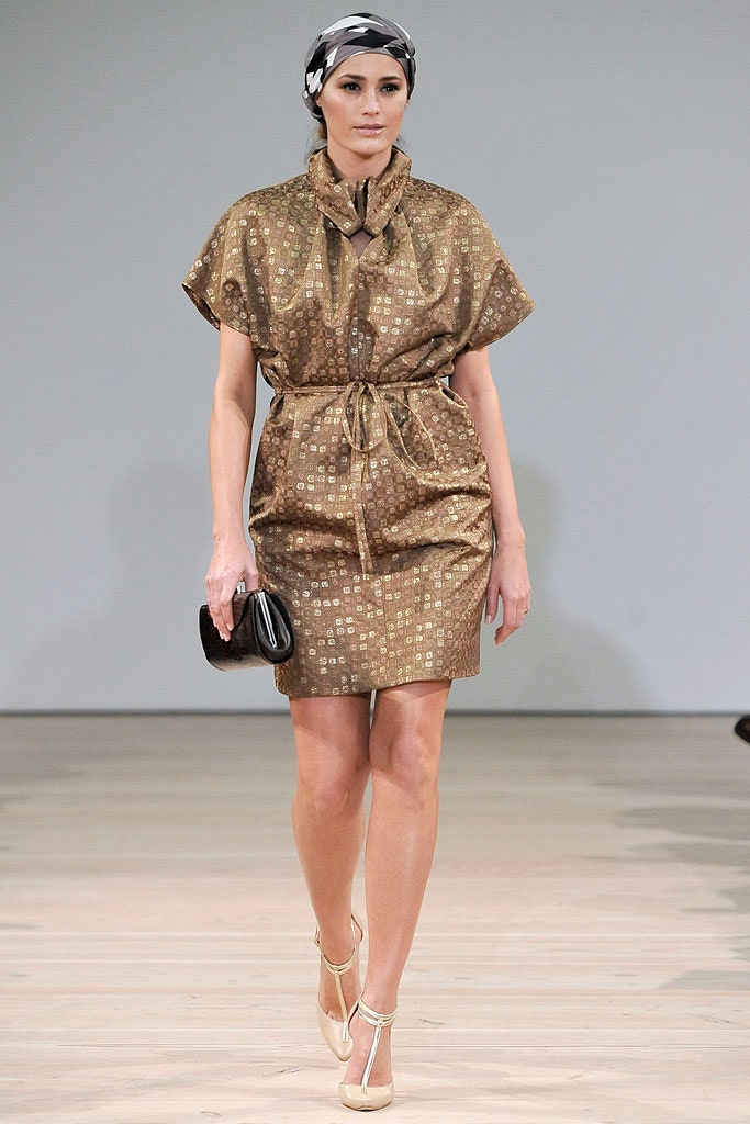 brown and gold printed dress