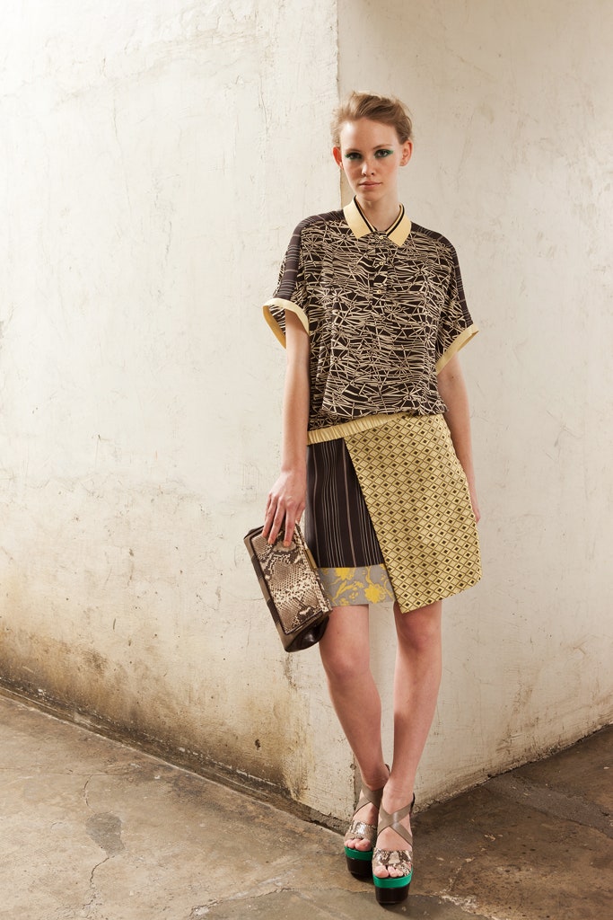 brown silk top with asymmetric skirt