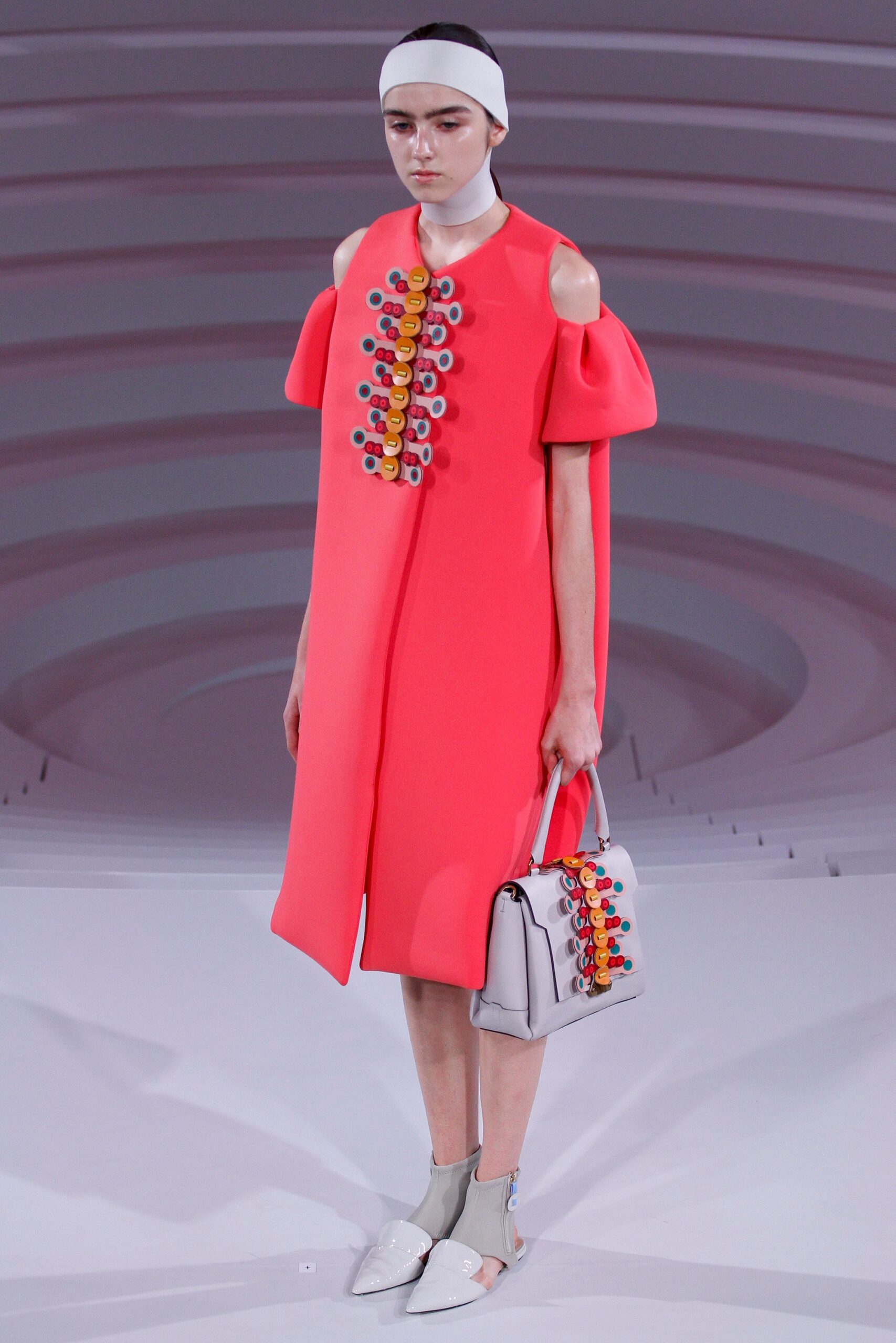 pink neoprene off-shoulder dress