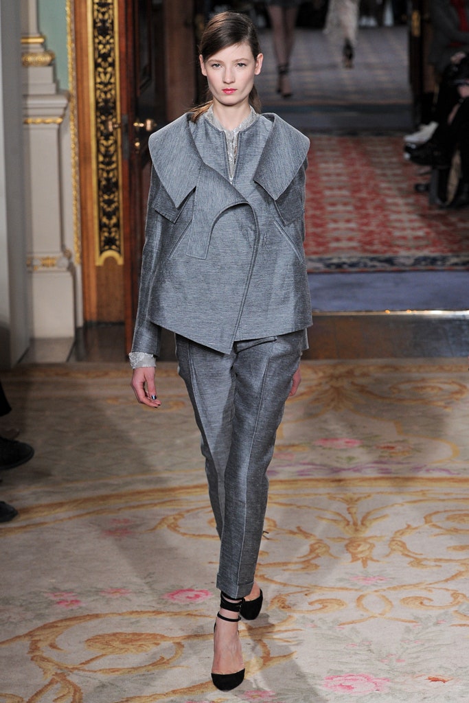 gray fitted jacket and slim pants