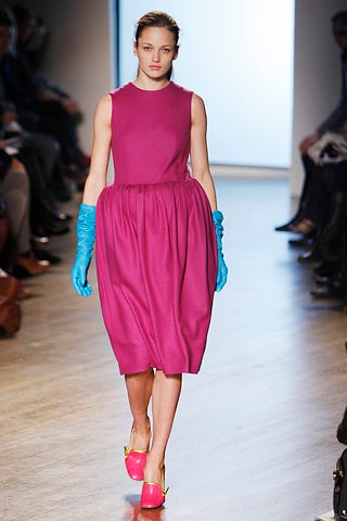 pink relaxed midi dress with blue gloves