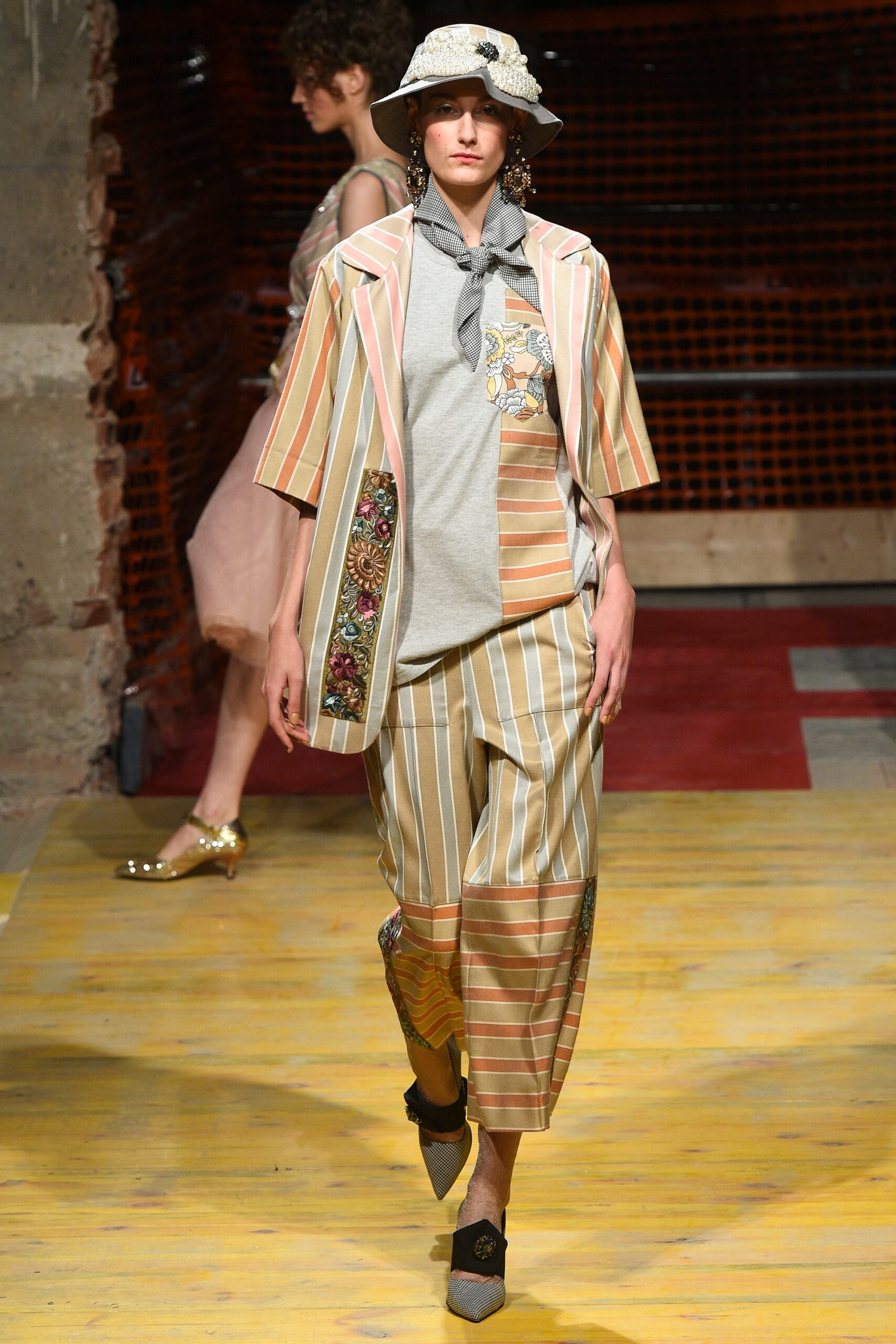 beige multi-striped jacket and pants