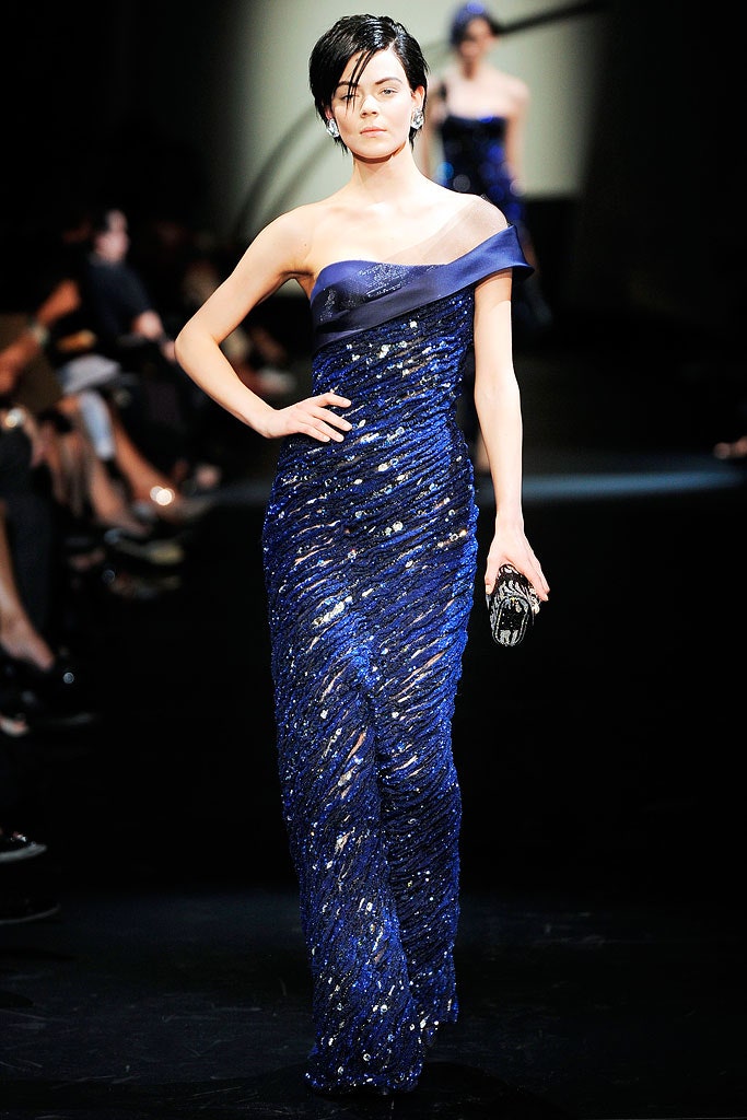 blue sequined strapless gown