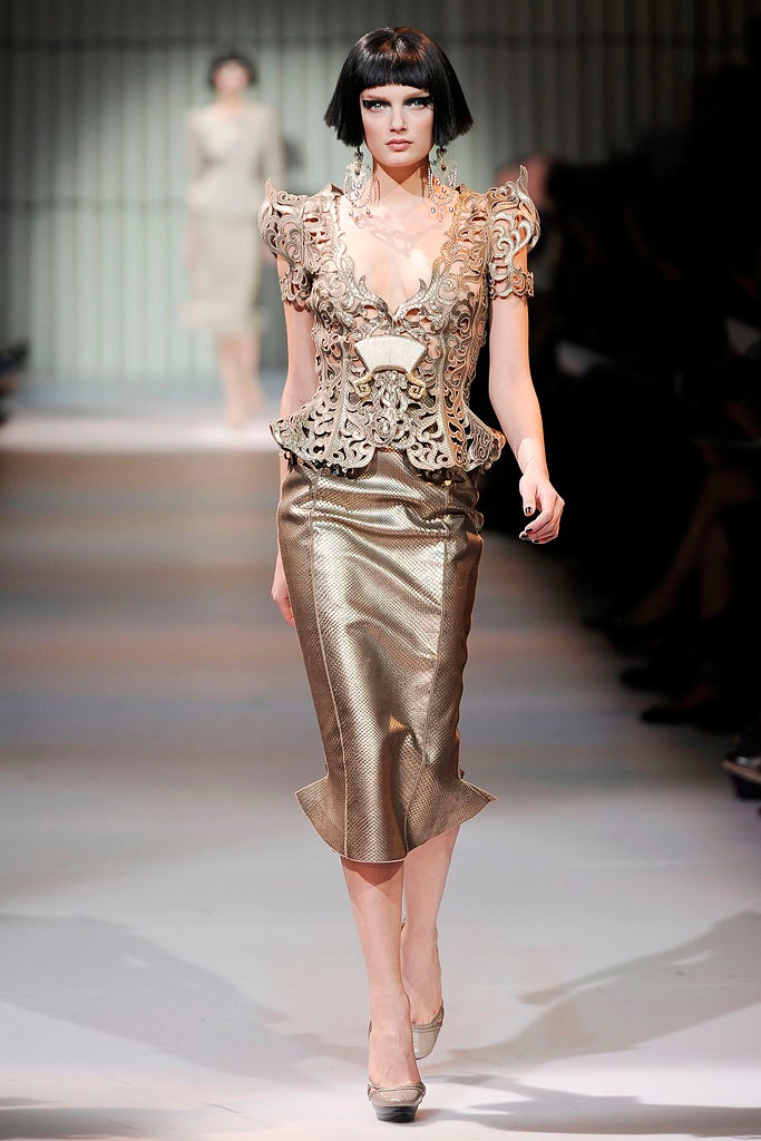 fitted gold embroidered top and pencil skirt