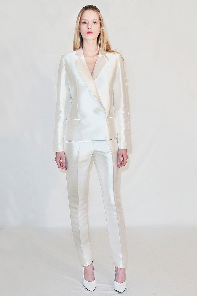 white silk long-sleeve v-neck fitted straight-leg shiny suit