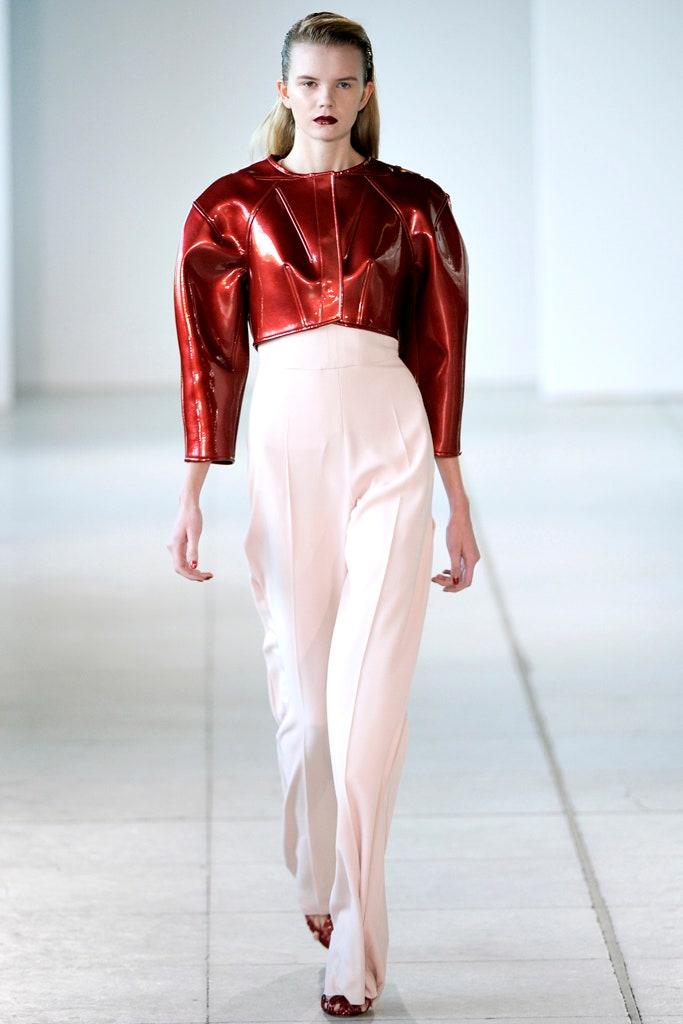 red vinyl long-sleeve collared fitted structured shiny top