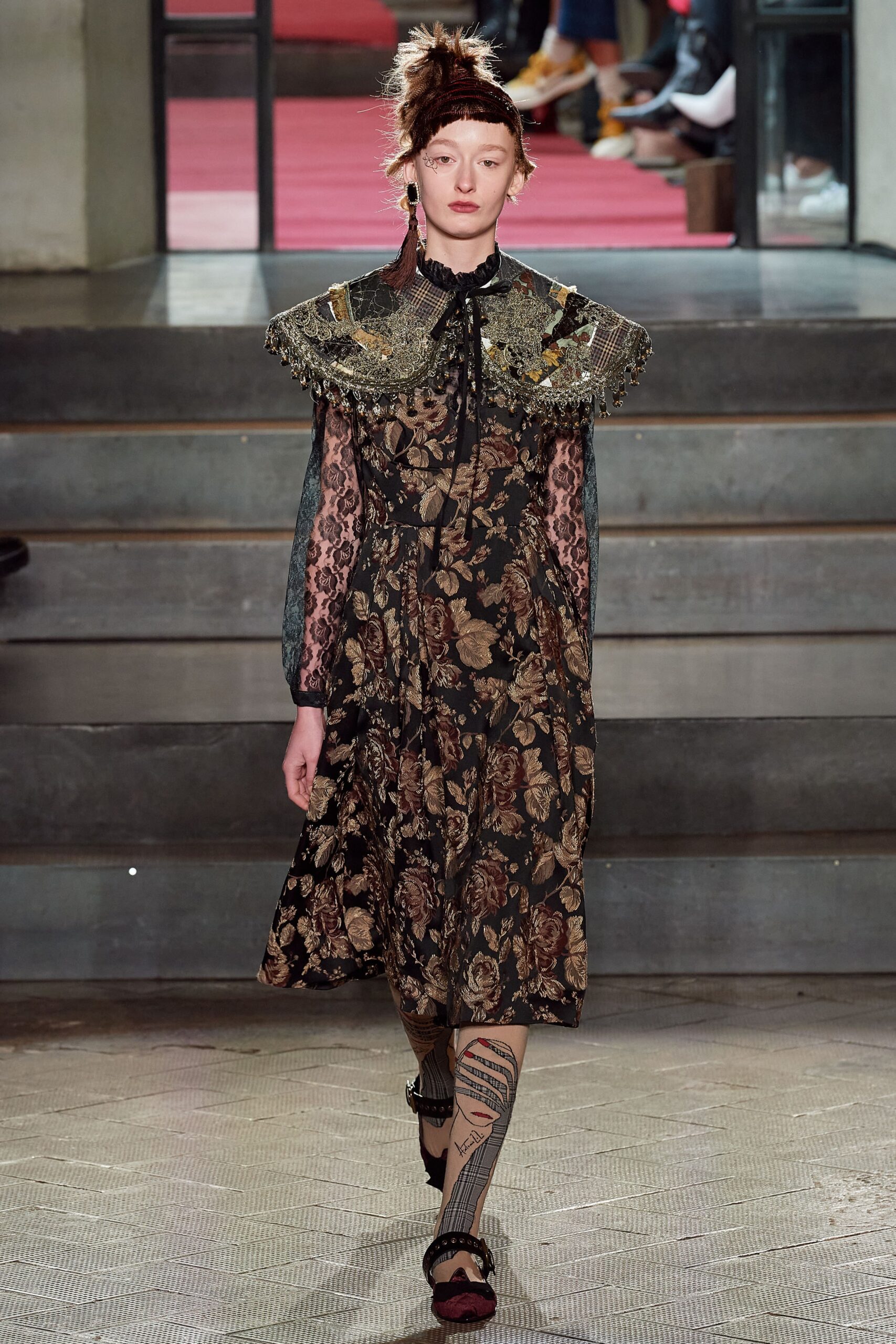 black floral midi dress with embellished hat