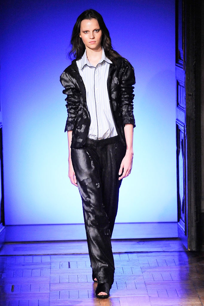 black silk fitted jacket with blue shirt