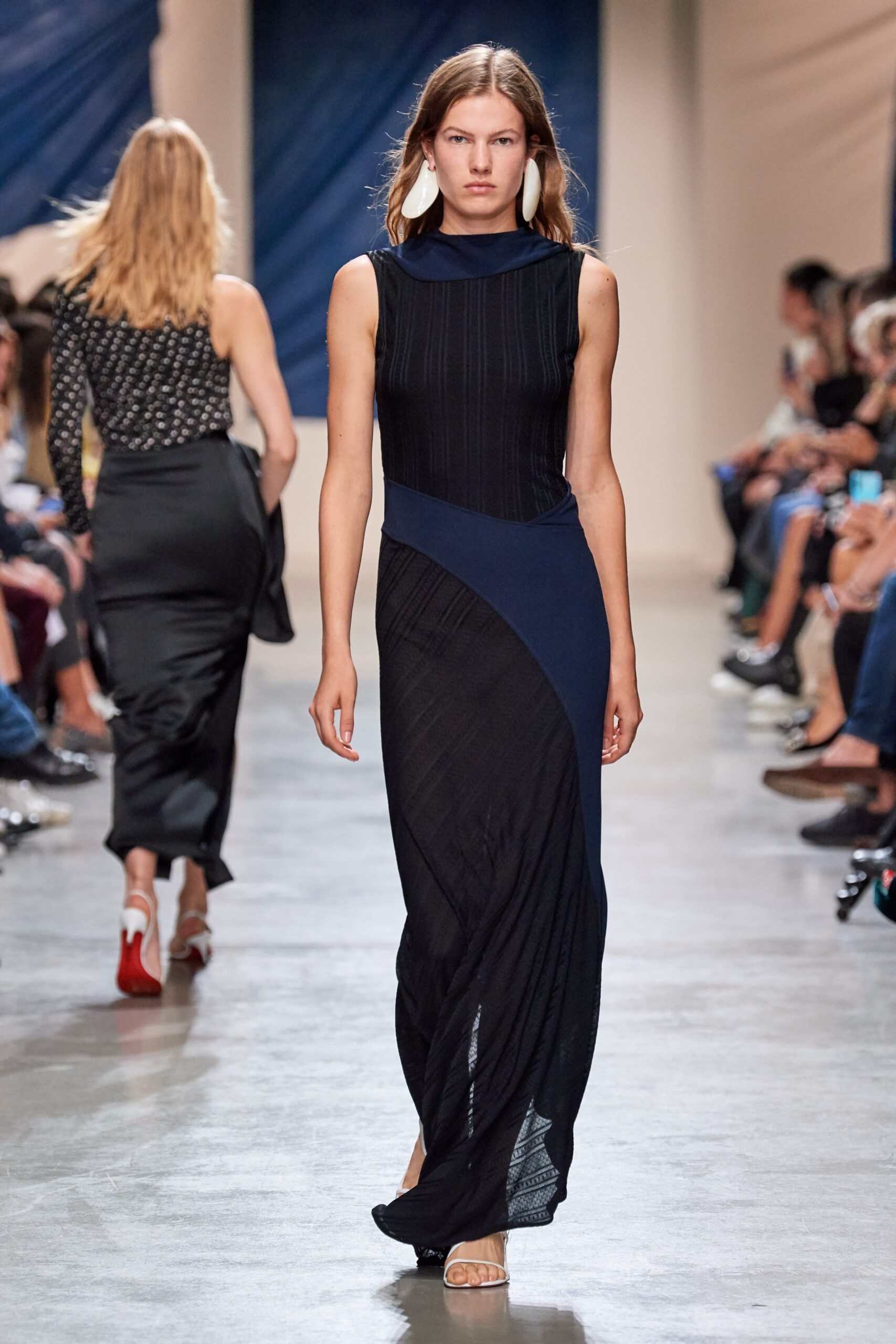 black and blue fitted midi dress