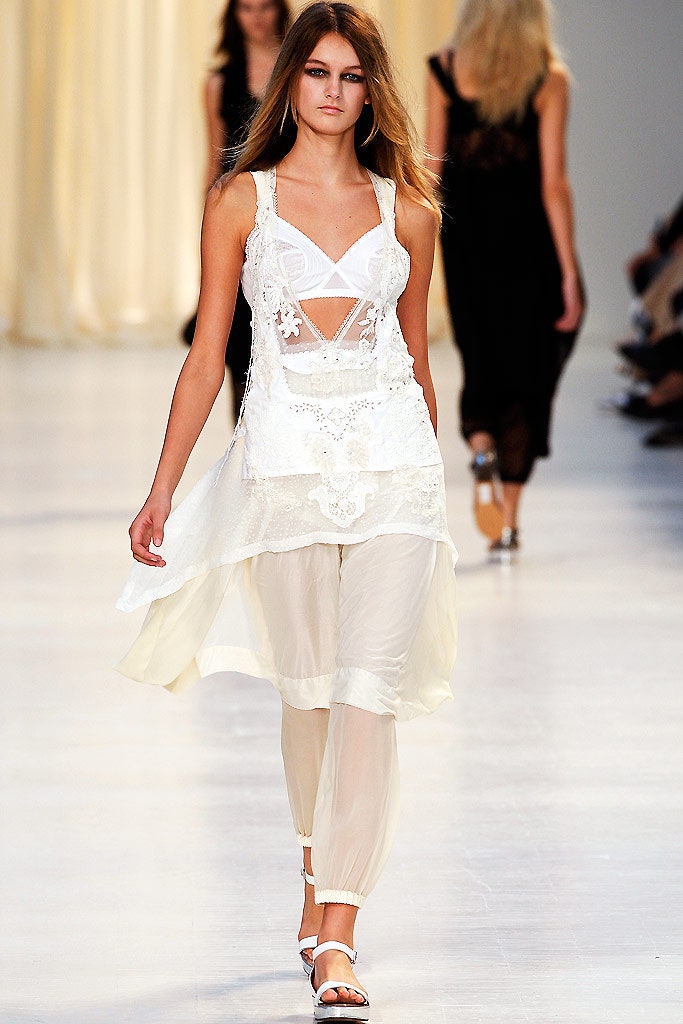 white layered dress with chiffon pants