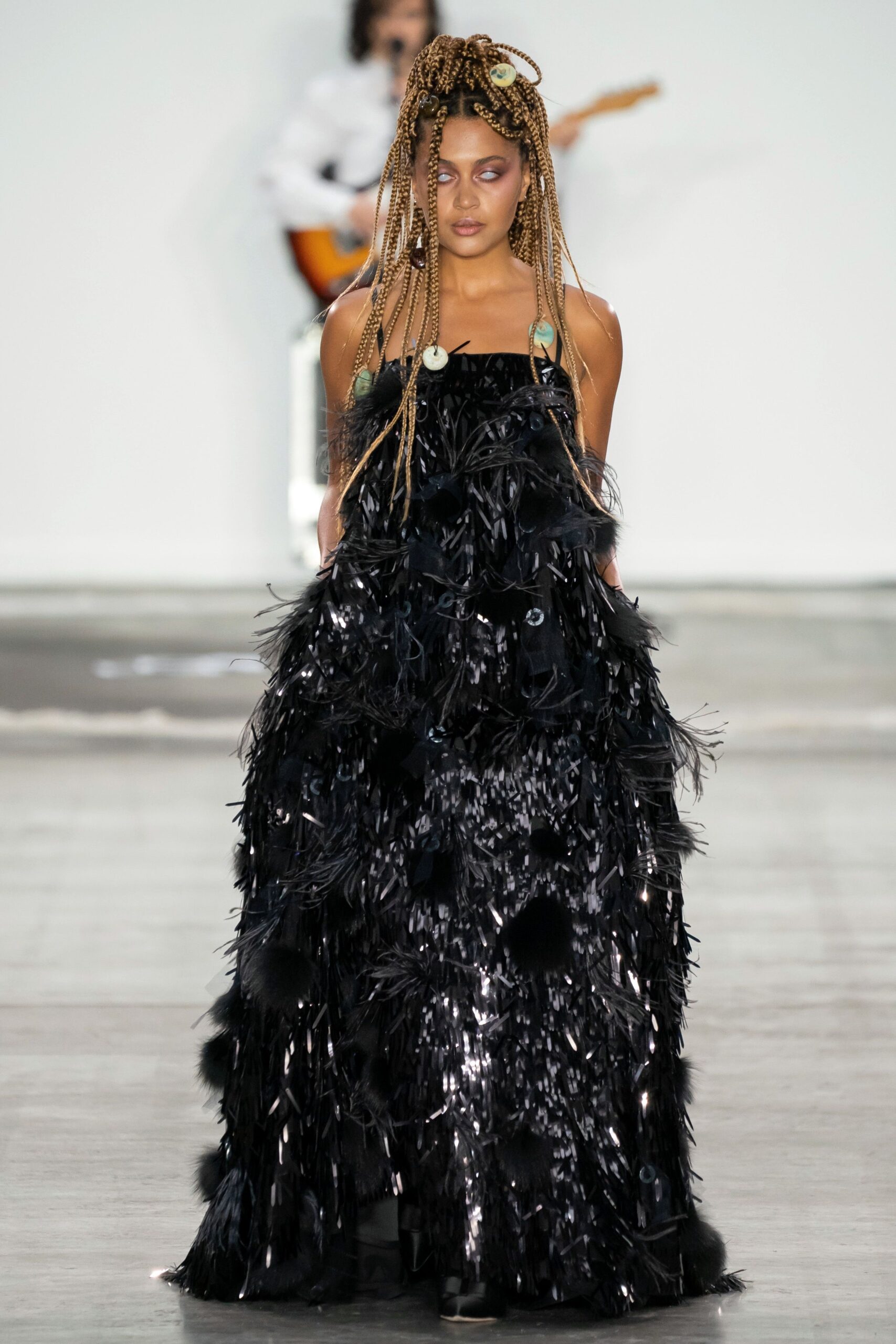 black fringed silk gown